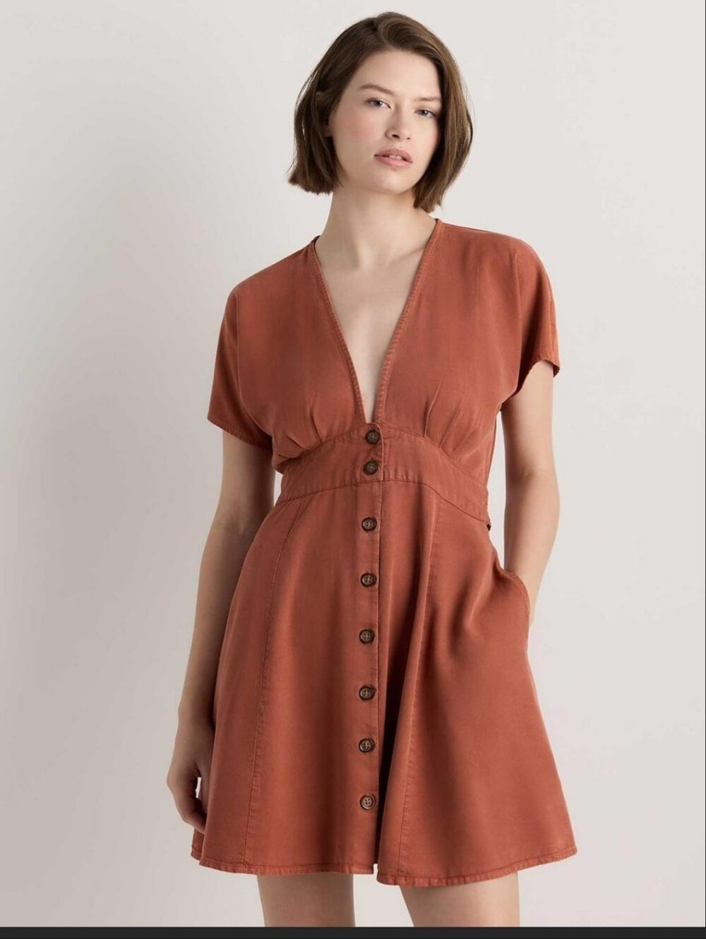 Rust Button-Front Short Sleeve Dress